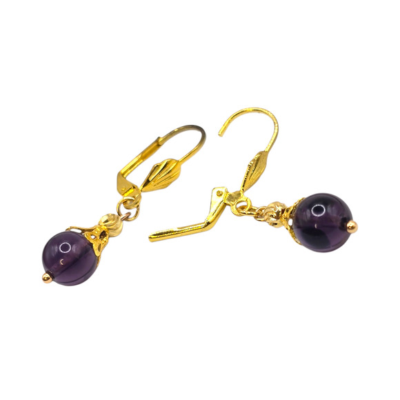 Amethyst Bead Pierced Earrings Dangle Drop Gold Tone Leverback 8mm SKU 2805 - Picture 8 of 8